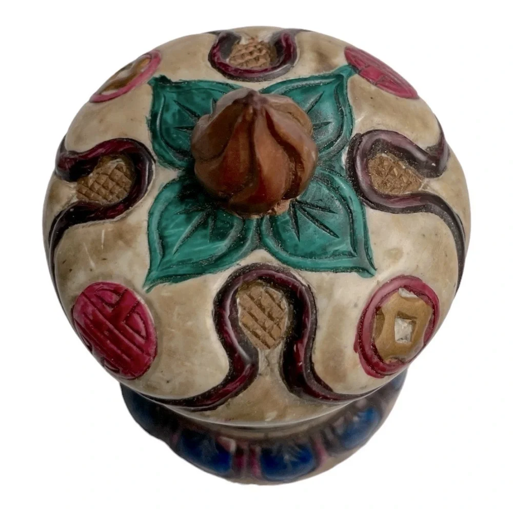 Vintage Chinese Dragon Stone Trinket Box Hand Painted Lidded Jewelry Container